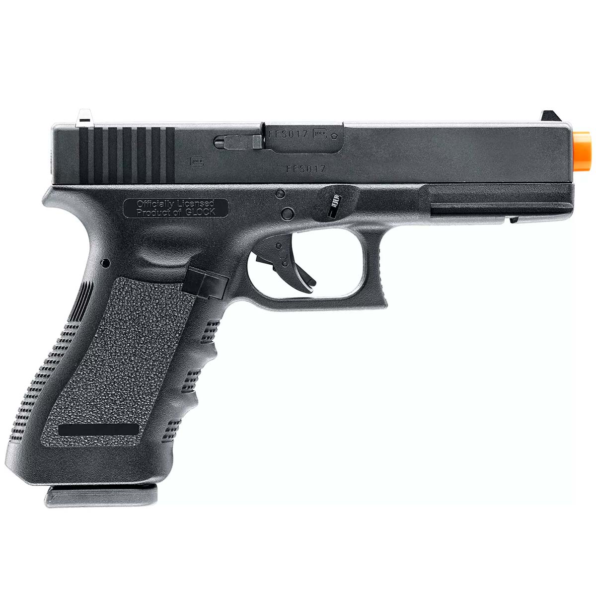 Right side A black Glock G17 Gen 3 GBB gas blowback FBB full blow back Airsoft Pistol with an orange tip, shown in profile against a solid white background.