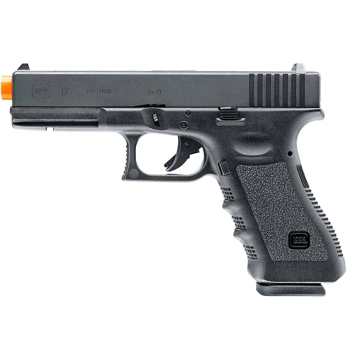 A black Glock G17 Gen 3 GBB gas blowback FBB full blow back Airsoft Pistol with an orange tip, shown in profile against a solid white background.