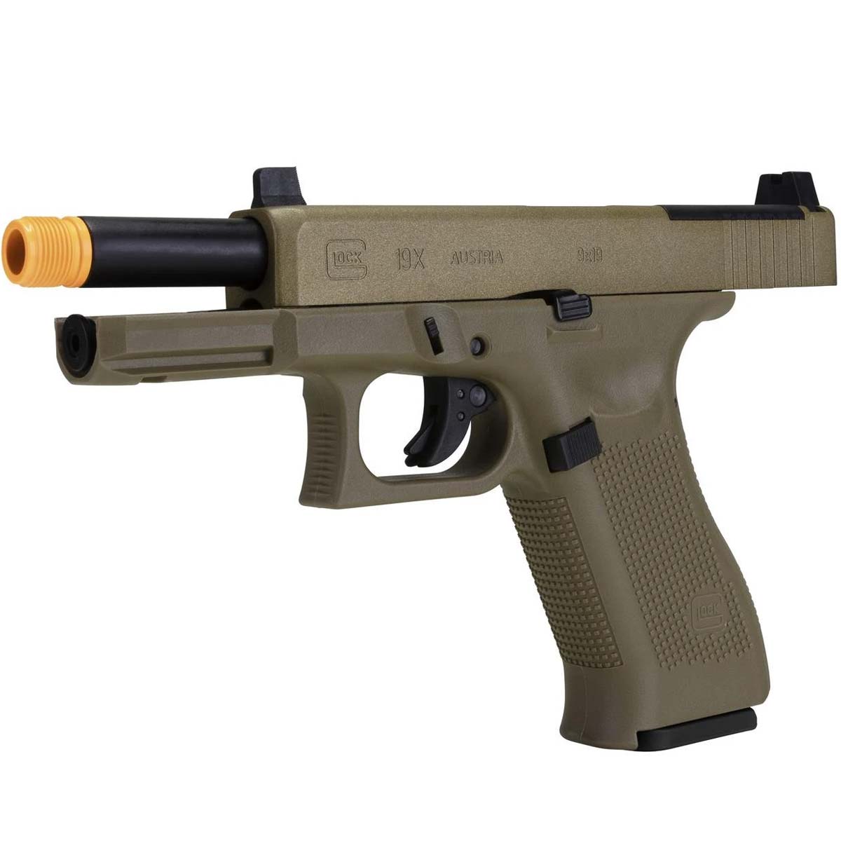 Left side with slide cocked back GLOCK G19X MOS GBB FBB Airsoft Pistol Coyote Tan with gas blowback full blow back on a white background.