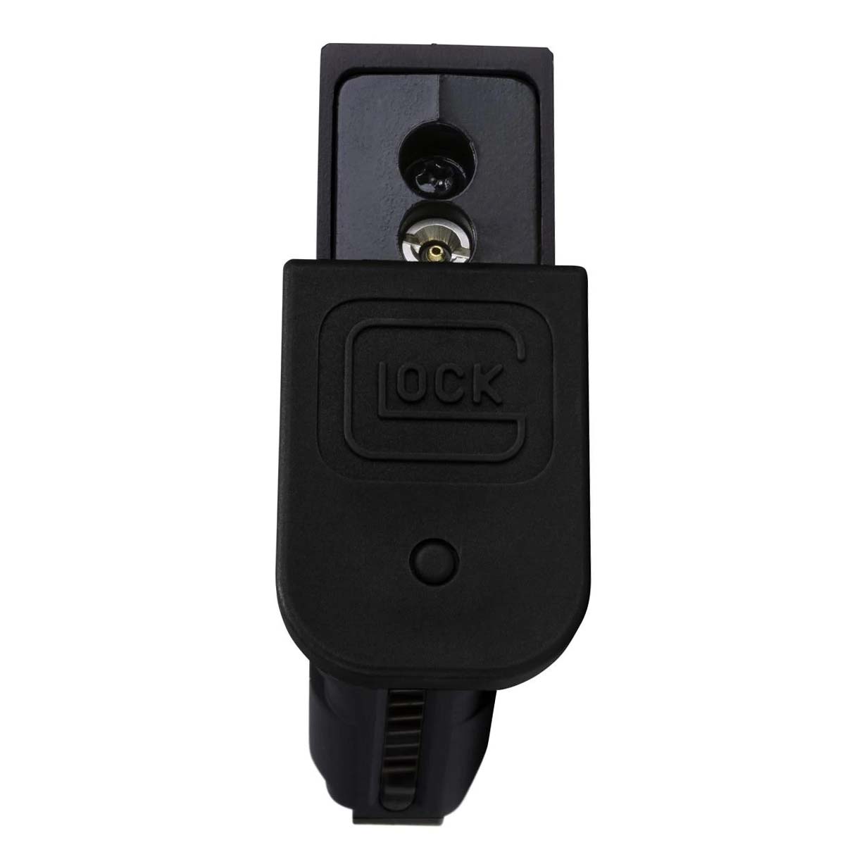GLOCK G19X MOS GBB FBB Airsoft Pistol Magazine with gas blowback full blow back magazine bottom view of green gas port on a white background.