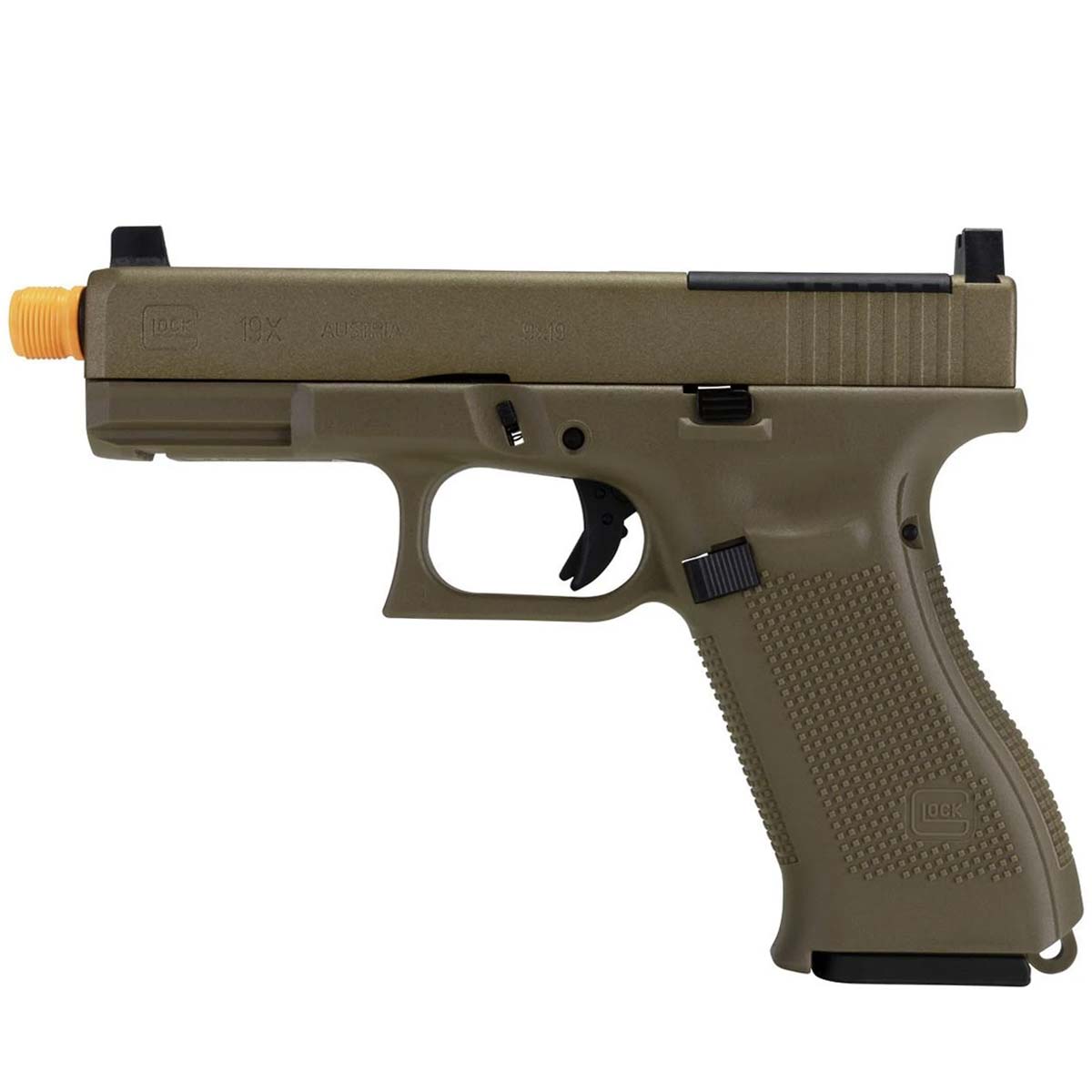 Left side GLOCK G19X MOS GBB FBB Airsoft Pistol Coyote Tan with gas blowback full blow back on a white background.