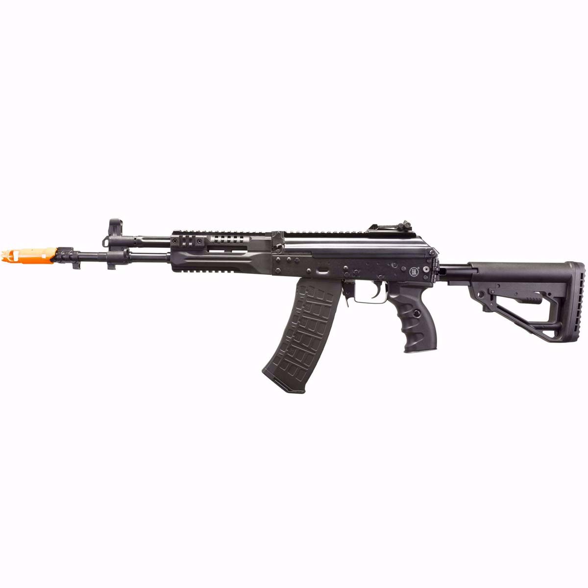 Left side Black E&L AK12 Platinum AEG Airsoft Rifle with orange tip on a white background