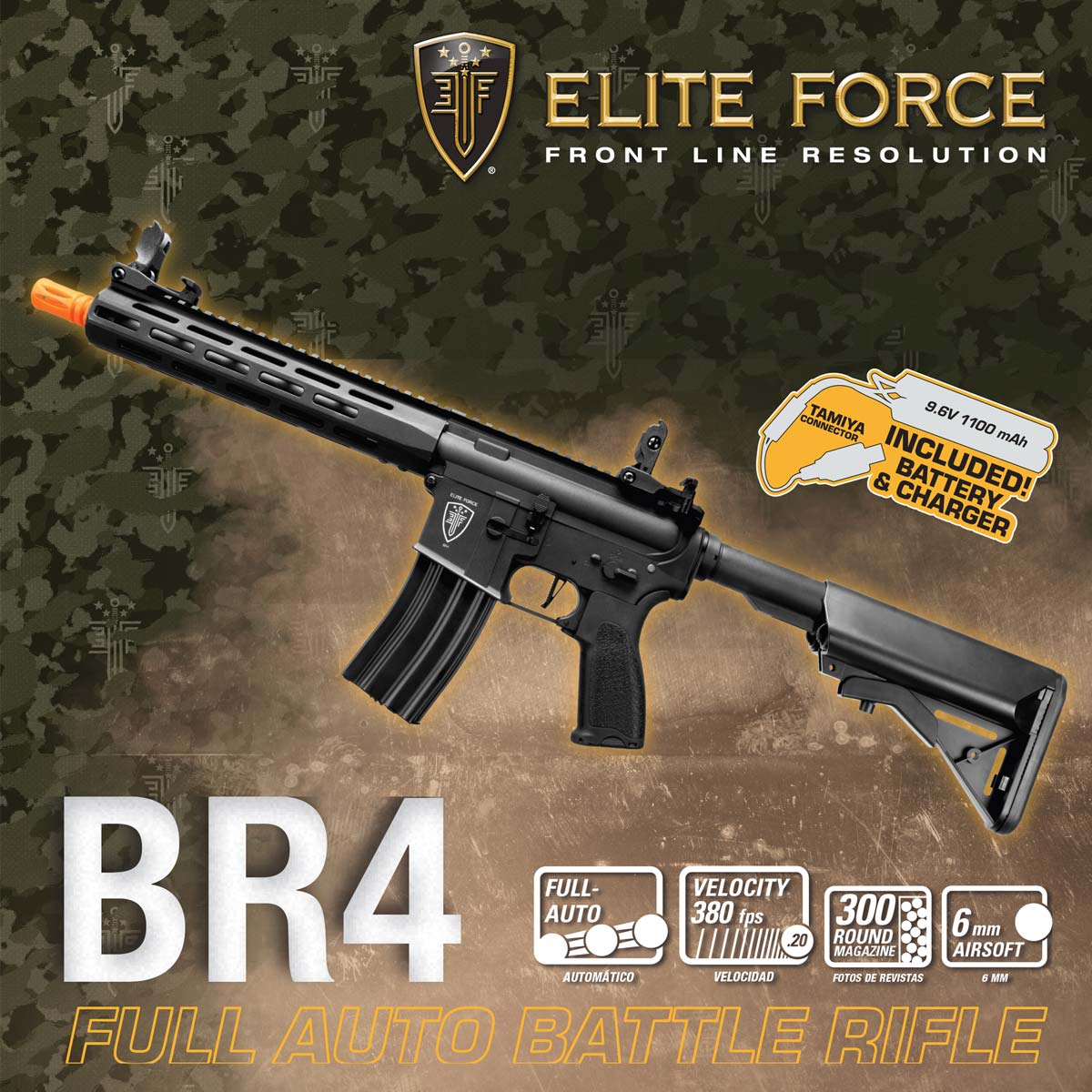 Elite Force BR4 AEG Airsoft Rifle showing all features including full-auto