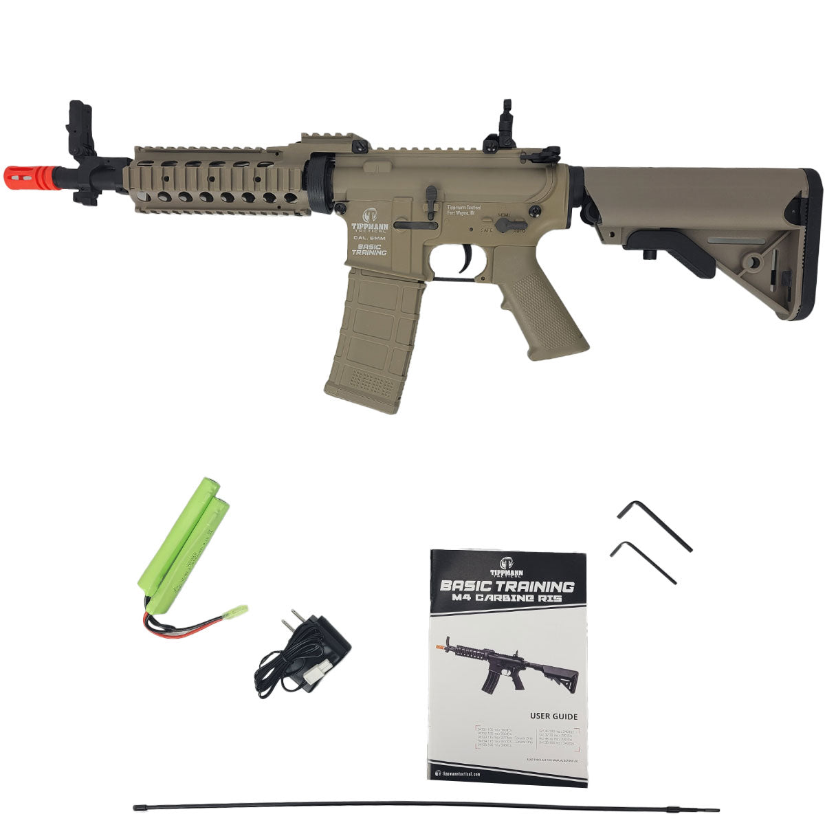 Tippmann M4 BT CQB RIS Airsoft Rifle Tan shown with charger and battery and manual and accessories