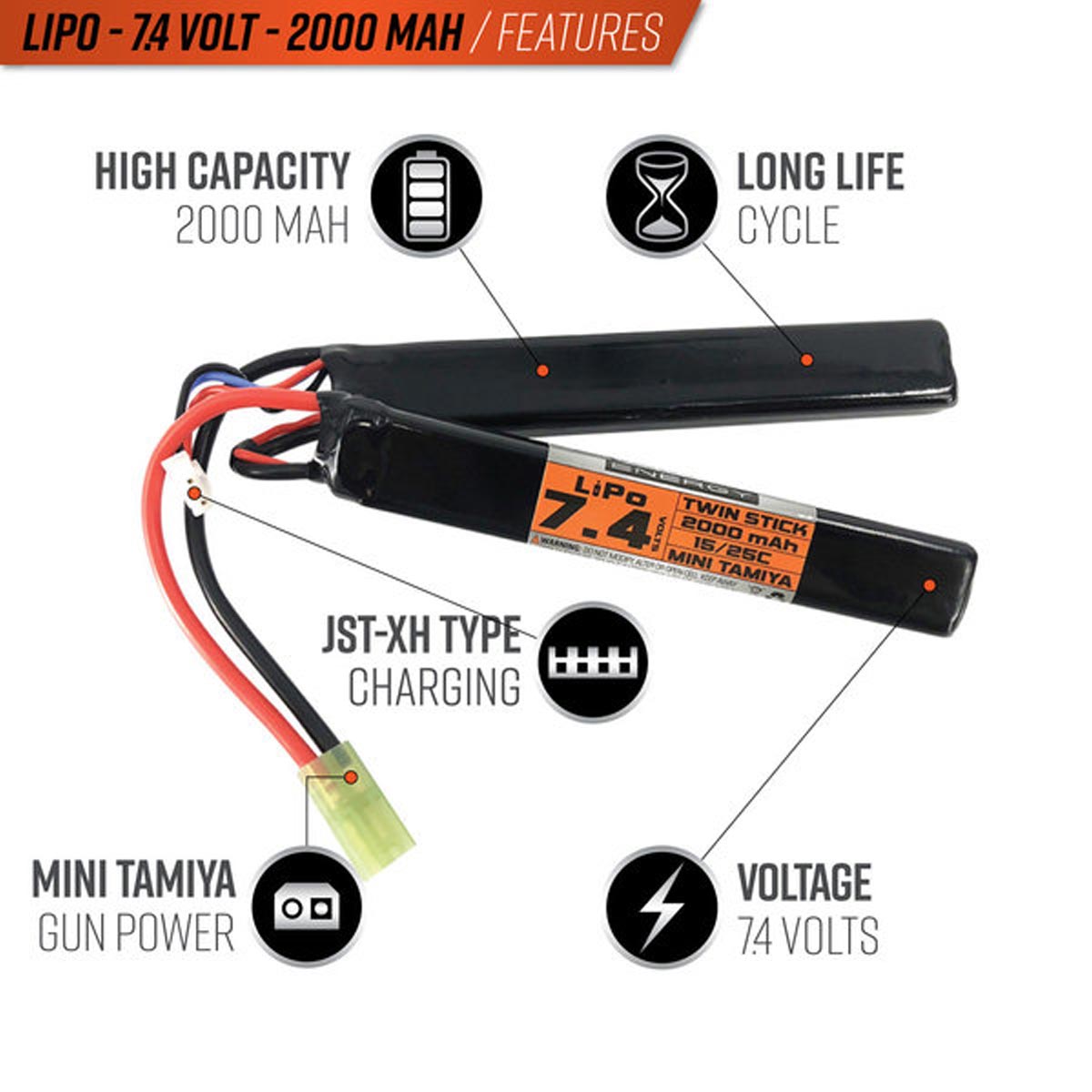 Valken Energy LiPo 7.4V 2000mAh 15/25C Twin Stick