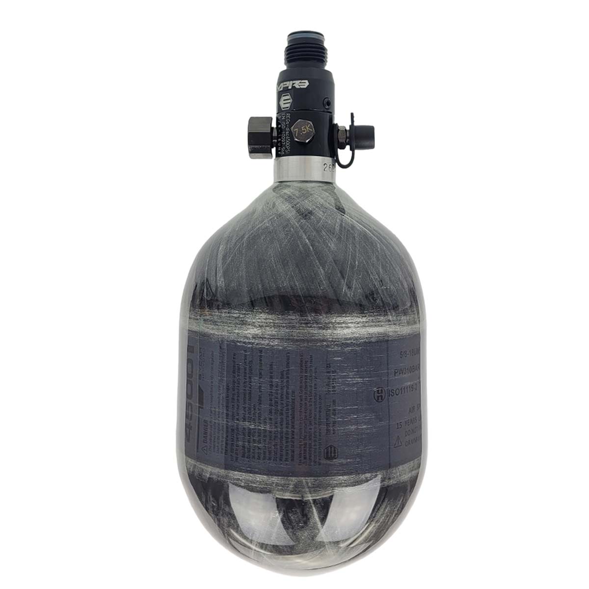 Empire Mega Lite Carbon Fiber 48ci 4500psi Air Tank for paintball and airsoft back view on a white background.