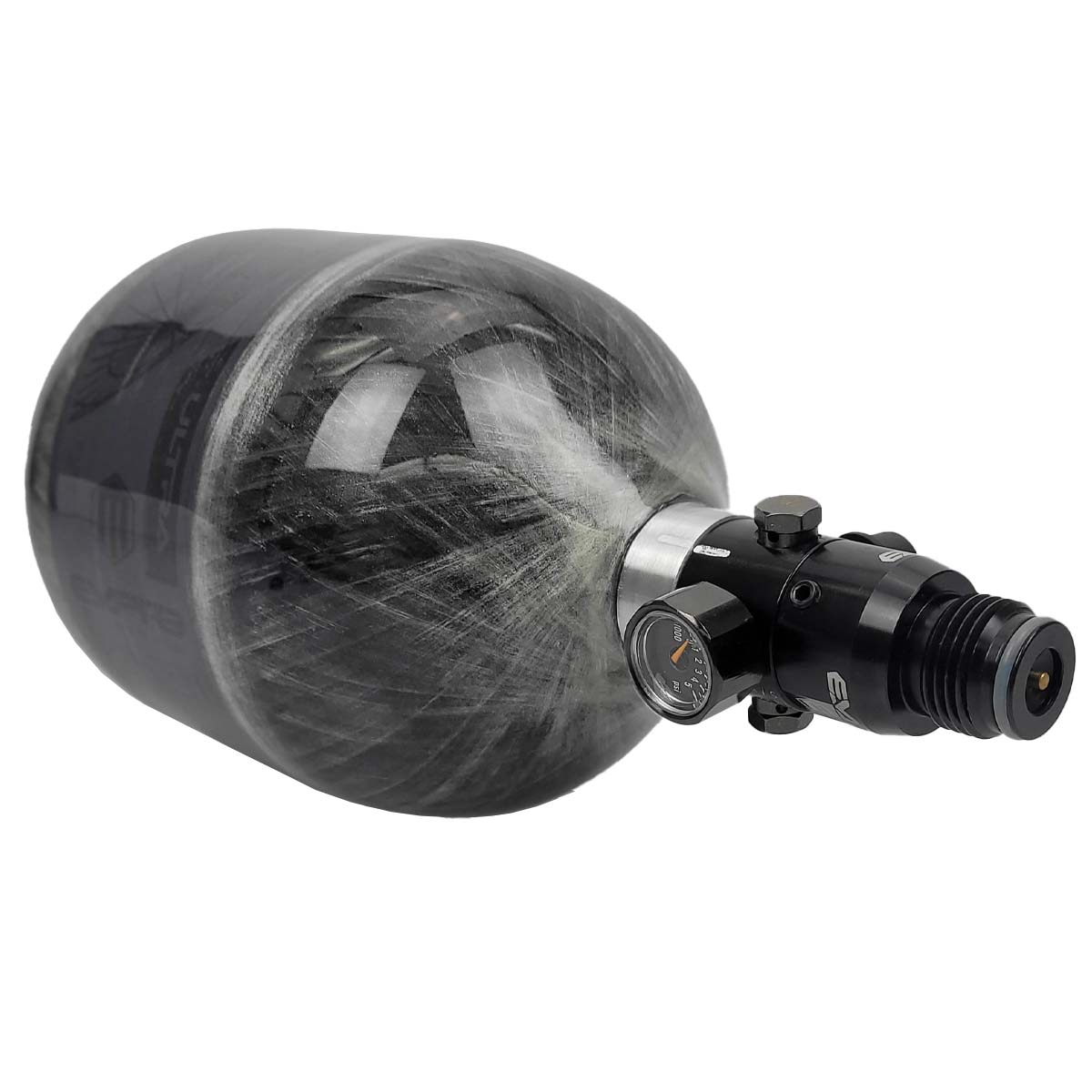 Empire Mega Lite Carbon Fiber 48ci 4500psi Air Tank for paintball and airsoft top view with pin valve on a white background.