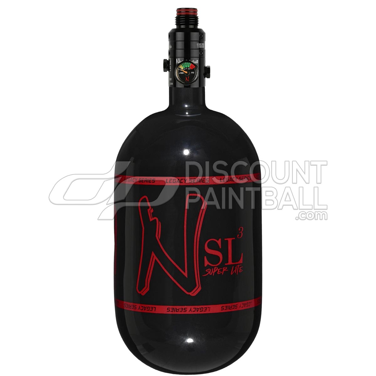 Ninja SL3 68ci 4500psi Air Tank with PRO V3 Regulator Black paintball tank with red logo on a white background