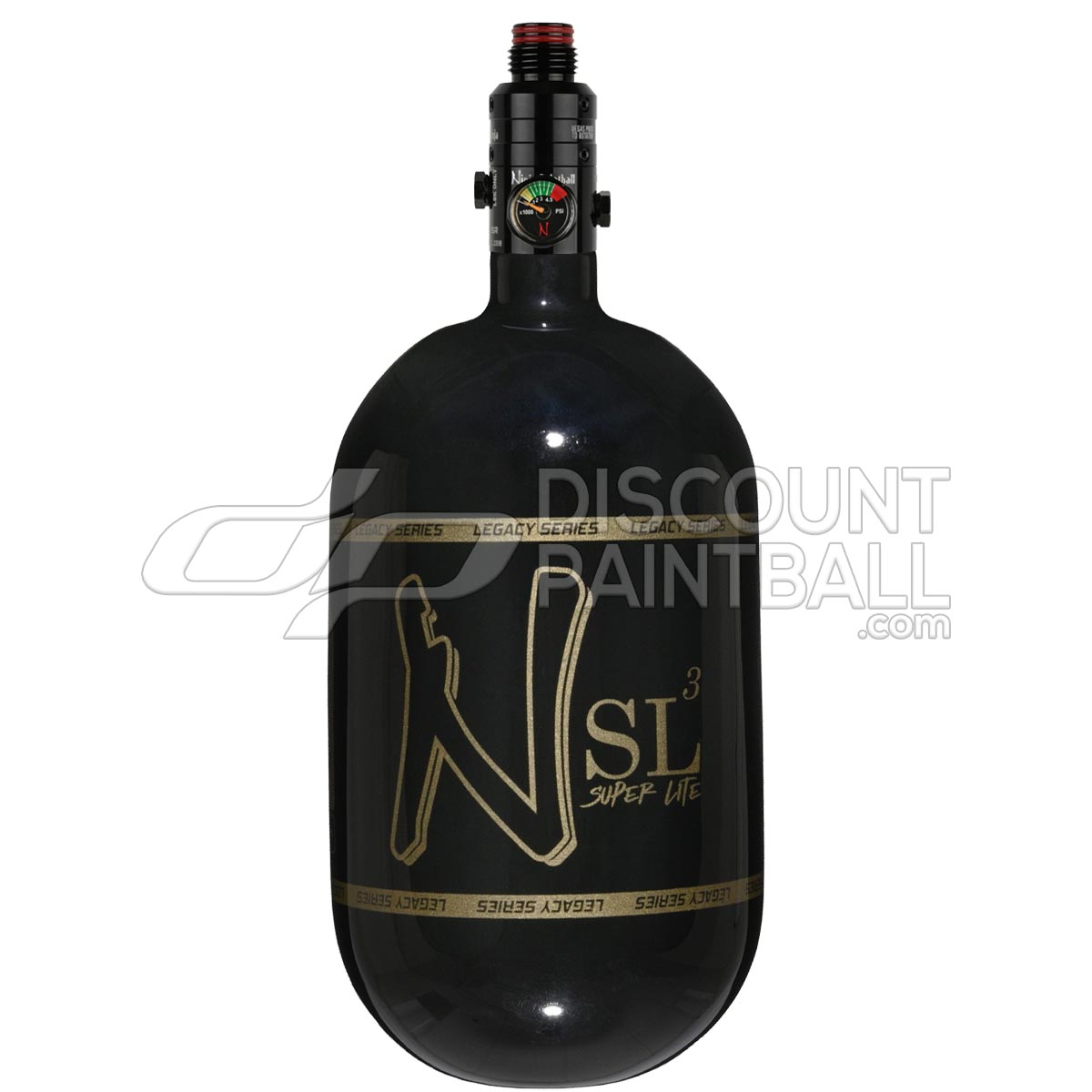 Ninja SL3 68ci 4500psi Air Tank with PRO V3 Regulator Black paintball tank with gold logo on a white background