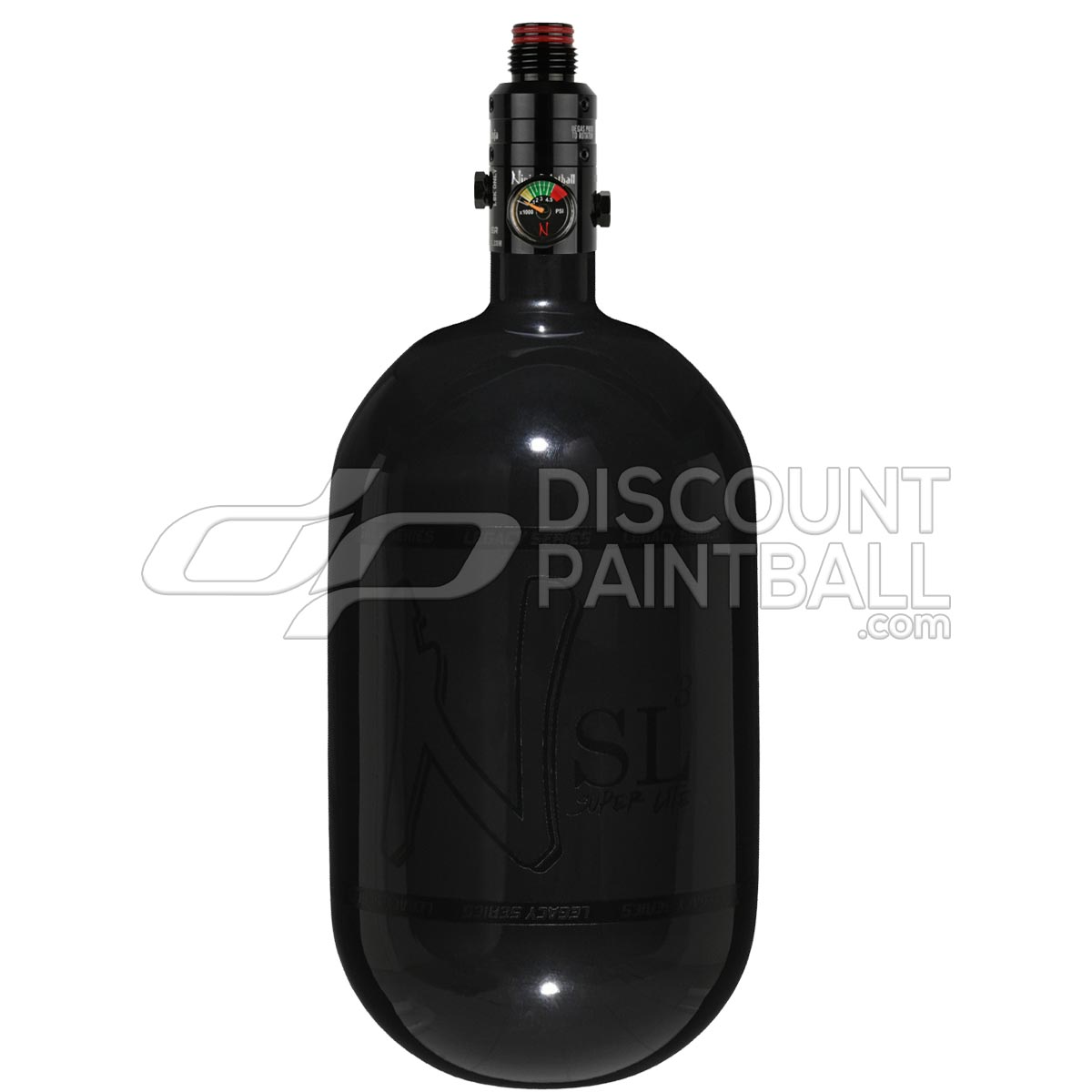Ninja SL3 68ci 4500psi Air Tank with PRO V3 Regulator Black gloss paintball tank with blackout logo on a white background