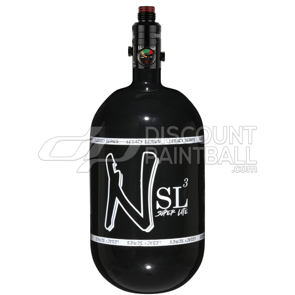 Ninja SL3 68ci 4500psi Air Tank with PRO V3 Regulator Black gloss paintball tank with white logo on a white background