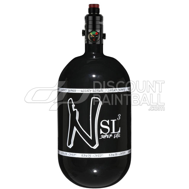 Ninja SL3 68ci 4500psi Air Tank with PRO V3 Regulator Black gloss paintball tank with white logo on a white background