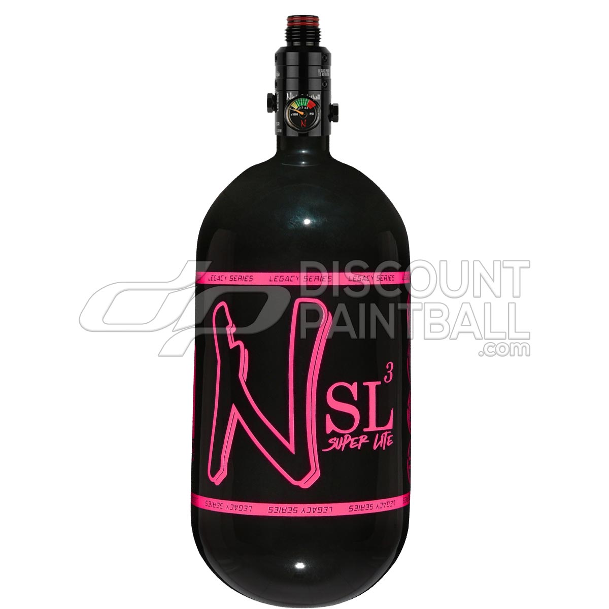 Gloss Black super light paintball tank Ninja SL3 80ci 4500psi Carbon Fiber Tank with Pro V3 Regulator with pink logo on a white background