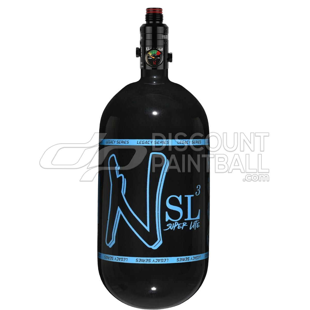 Black gloss super light paintball tank Ninja SL3 80ci 4500psi Carbon Fiber Tank with Pro V3 Regulator with blue logo on a white background