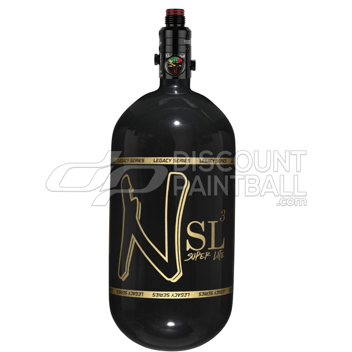 Black gloss super light paintball tank Ninja SL3 80ci 4500psi Carbon Fiber Tank with Pro V3 Regulator with gold logo on a white background
