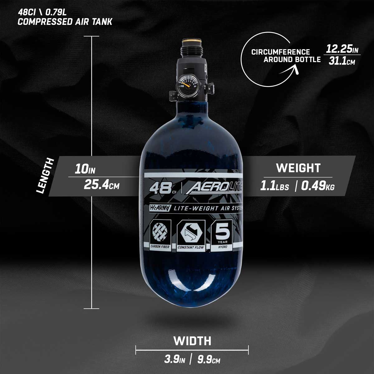 HK Army Aerolite 48ci 4500psi compressed air tank in blue with measurements and specifications on a dark background