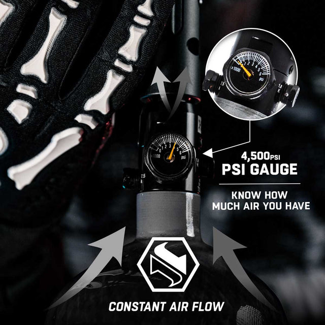 A close-up promotional graphic for a HK Army regulator. A black gloved hand is visible holding the pump, with a circular inset showing the gauge reading up to 4,500 PSI.