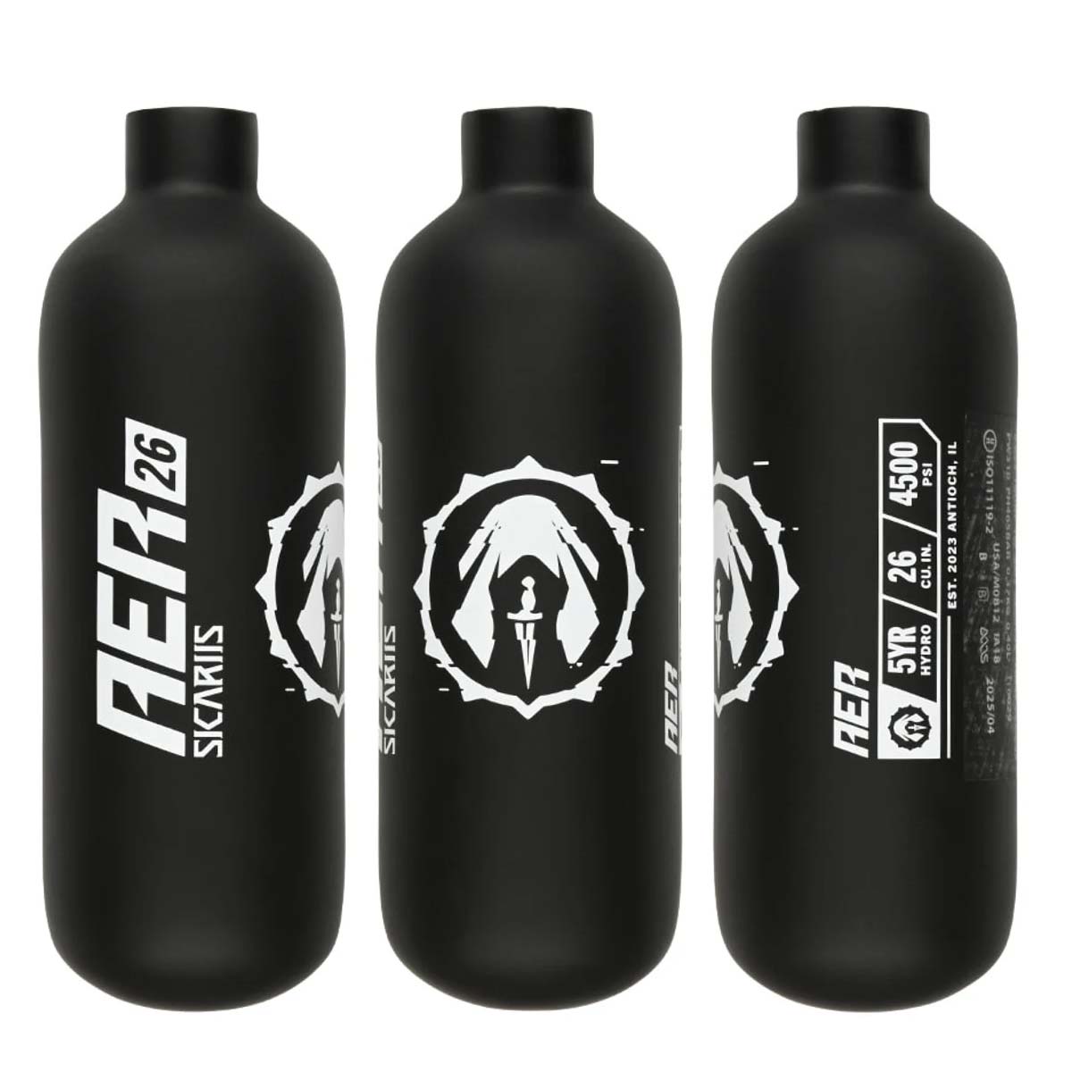 Three Black Sicariis AER 26ci 4500psi Carbon Fiber Air Tanks on a white background