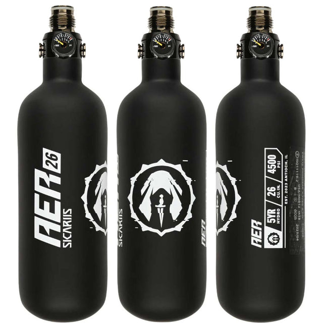 3 sides of Black Sicariis AER 26ci 4500psi Carbon Fiber Air Tank with First Strike Hero 2 Regulator on a white background