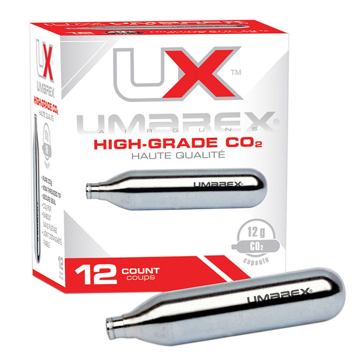 Umarex High Grade 12 Gram Co2 Cartridge 12 Pack box with one cartridge out of the box