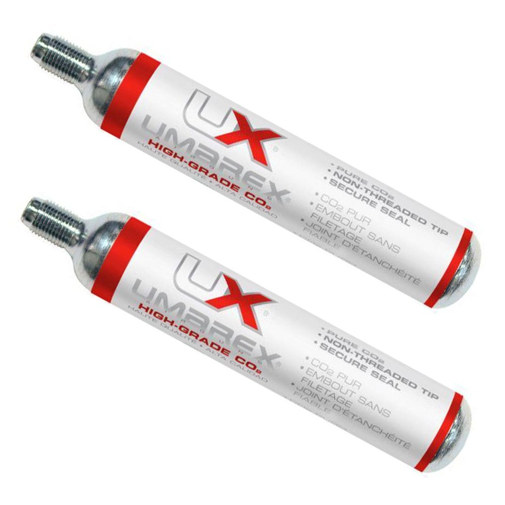 Two Umprex high-grade 88 gram CO2 cartridges on a white background