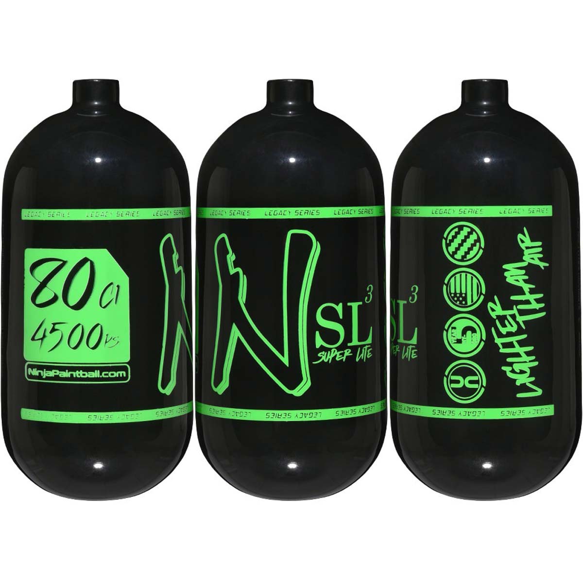 Ninja SL3 80ci Air Tank 4500psi black with green logos all angle view
