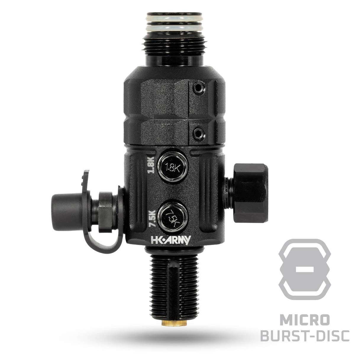 Side view HK Army Turbine Pro Air Tank Regulator Long Body showing burst disc.