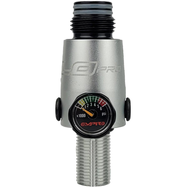 Empire Flo Pro Regulator Silver Dust for paintball tank gauge side