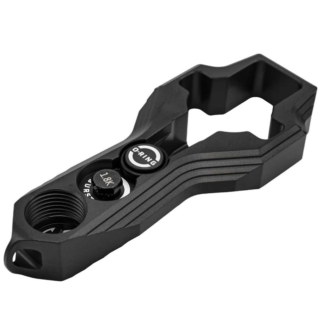 angled underside of Black HK Army Regulator Multi Tool paintball and airsoft tank regulator remove on a white background