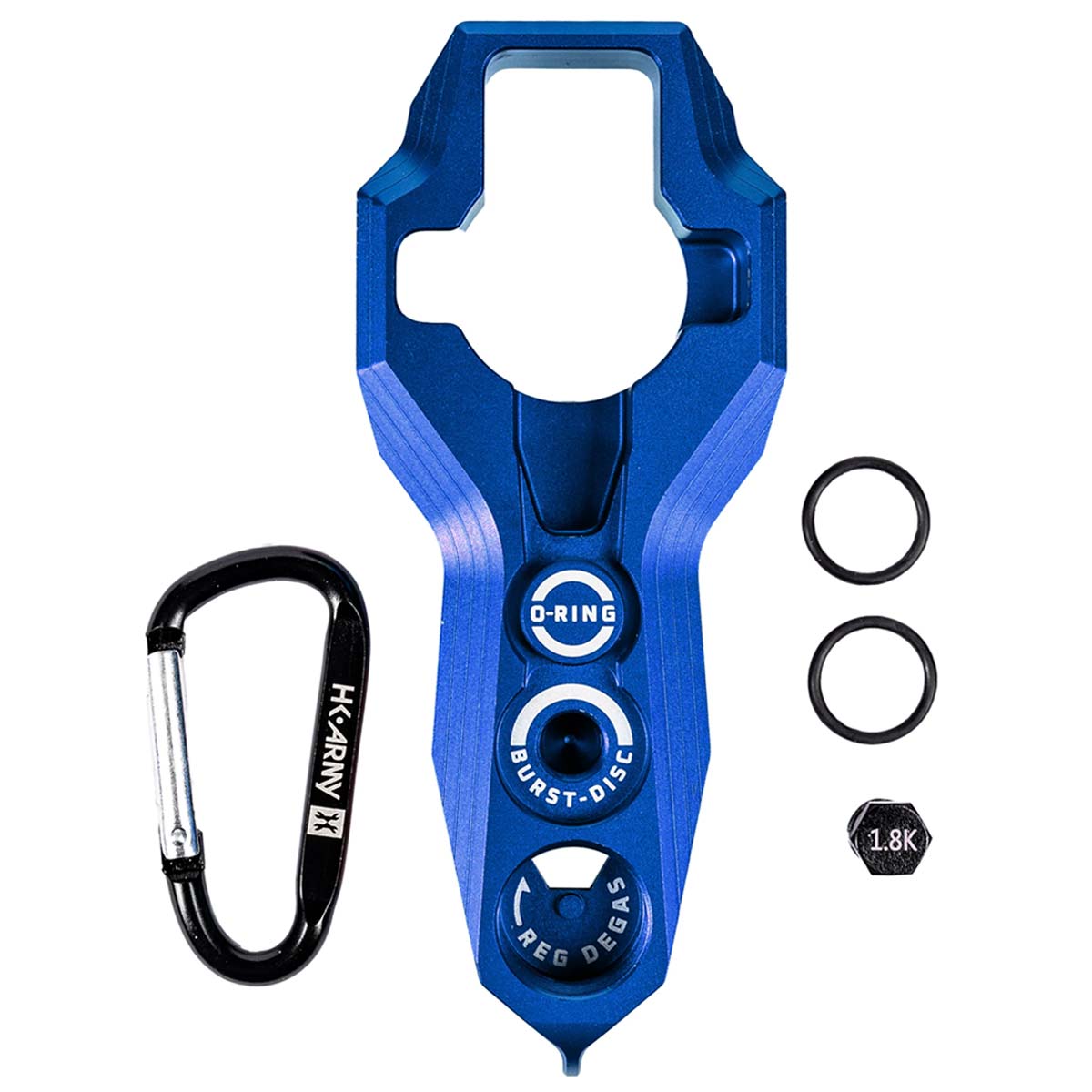 Blue HK Army Regulator Multi Tool paintball and airsoft tank regulator remove with included parts on a white background
