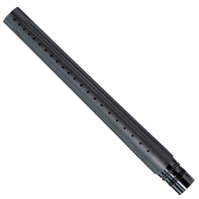 Long cylindrical metal paintball barrel with holes on a white background
