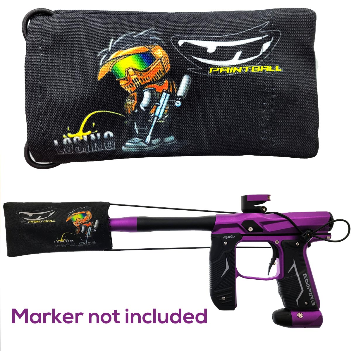JT Paintball Barrel Sock Losing Sucks on a purple paintball marker