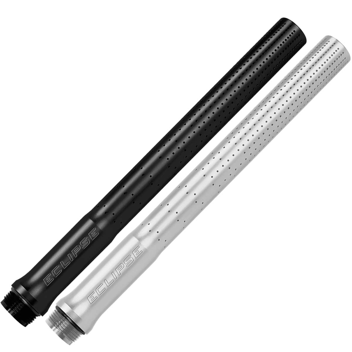 One black and one silver Planet Eclipse CRBN S63 Pro Nano FL Tip for paintball on a white background.