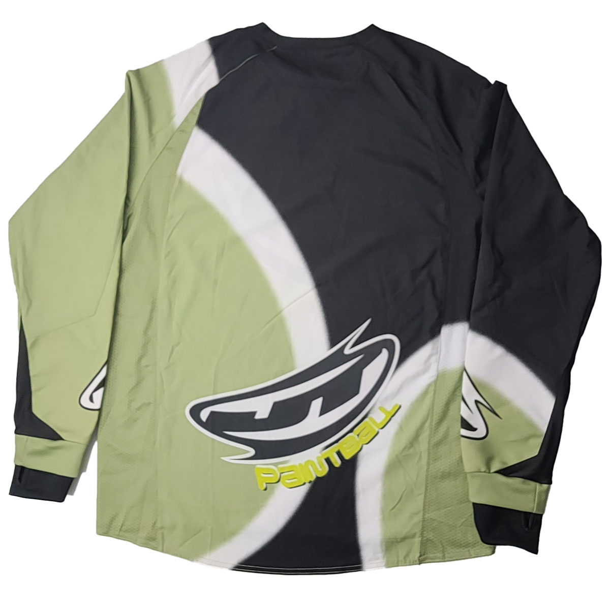 Back of Long-sleeve JT Paintball Custom Paintball Jersey Black Green with paintball logo and branding on a white background