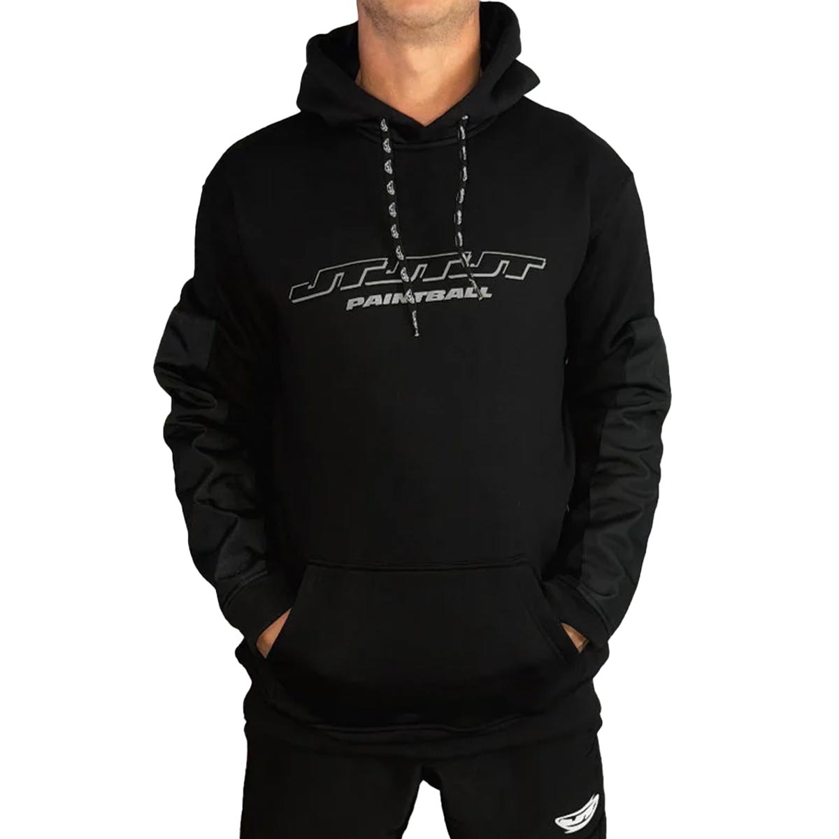 JT Paintball Grind Playing Hoodie Black on a person on a white background