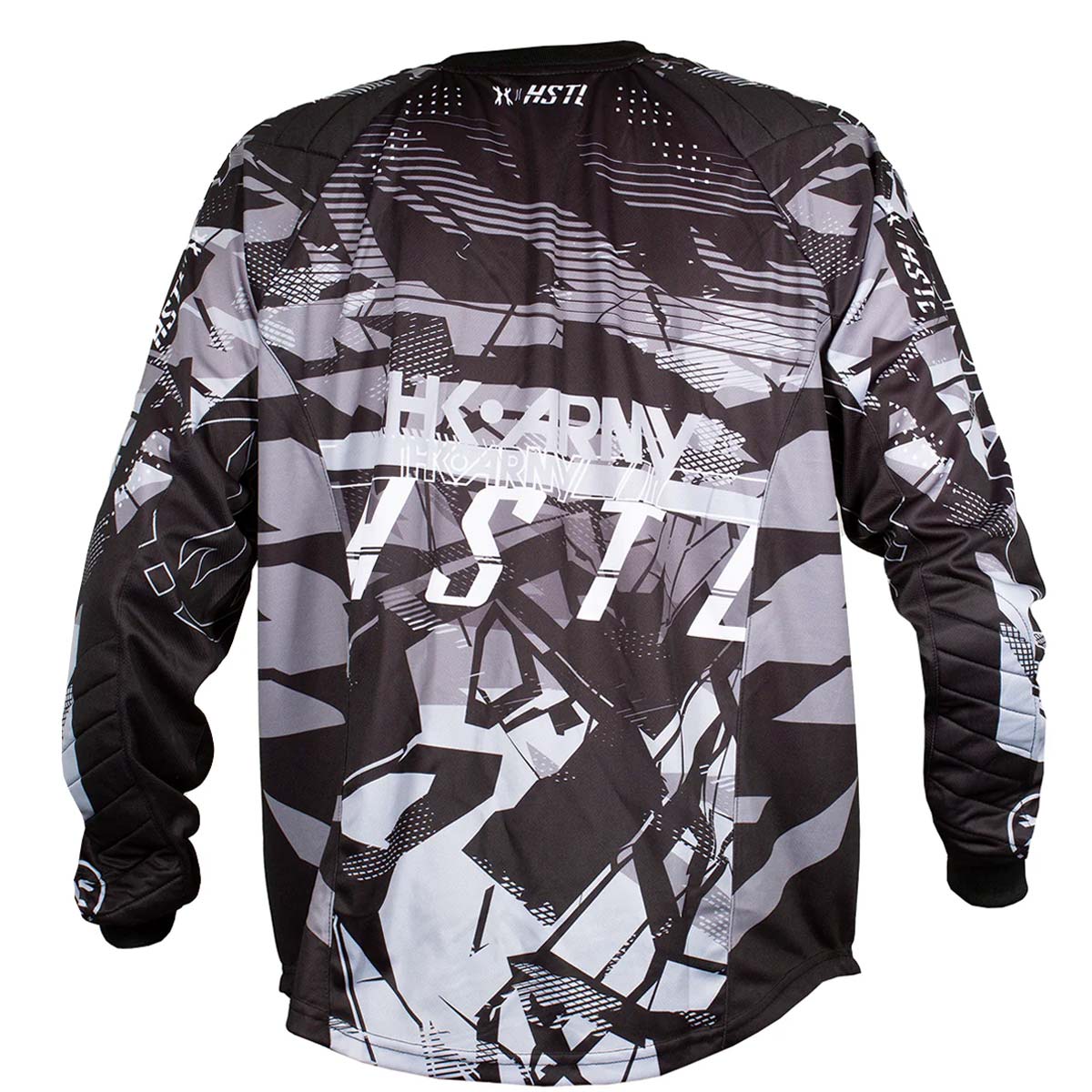 Back of Black and gray patterned HK Army HSTL Jersey Charcoal Black Grey jersey with 'HK Army' branding on a white background