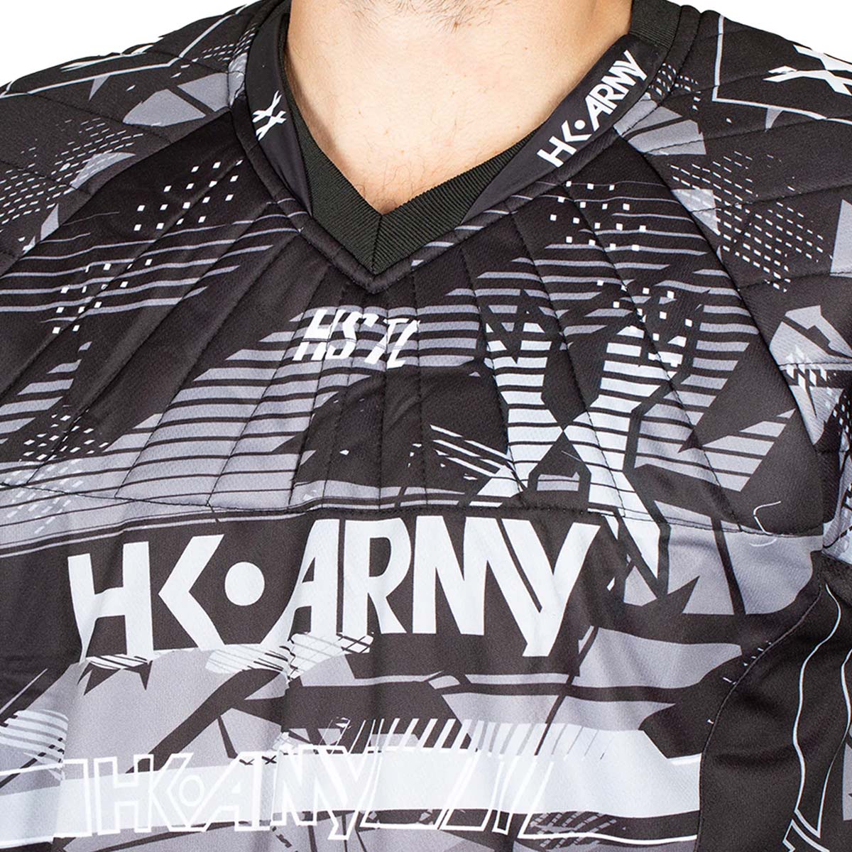 Close up of Black and gray patterned HK Army HSTL Jersey Charcoal Black Grey jersey with 'HK Army' branding on a white background