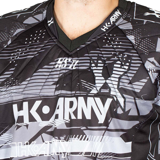 Close up of Black and gray patterned HK Army HSTL Jersey Charcoal Black Grey jersey with 'HK Army' branding on a white background