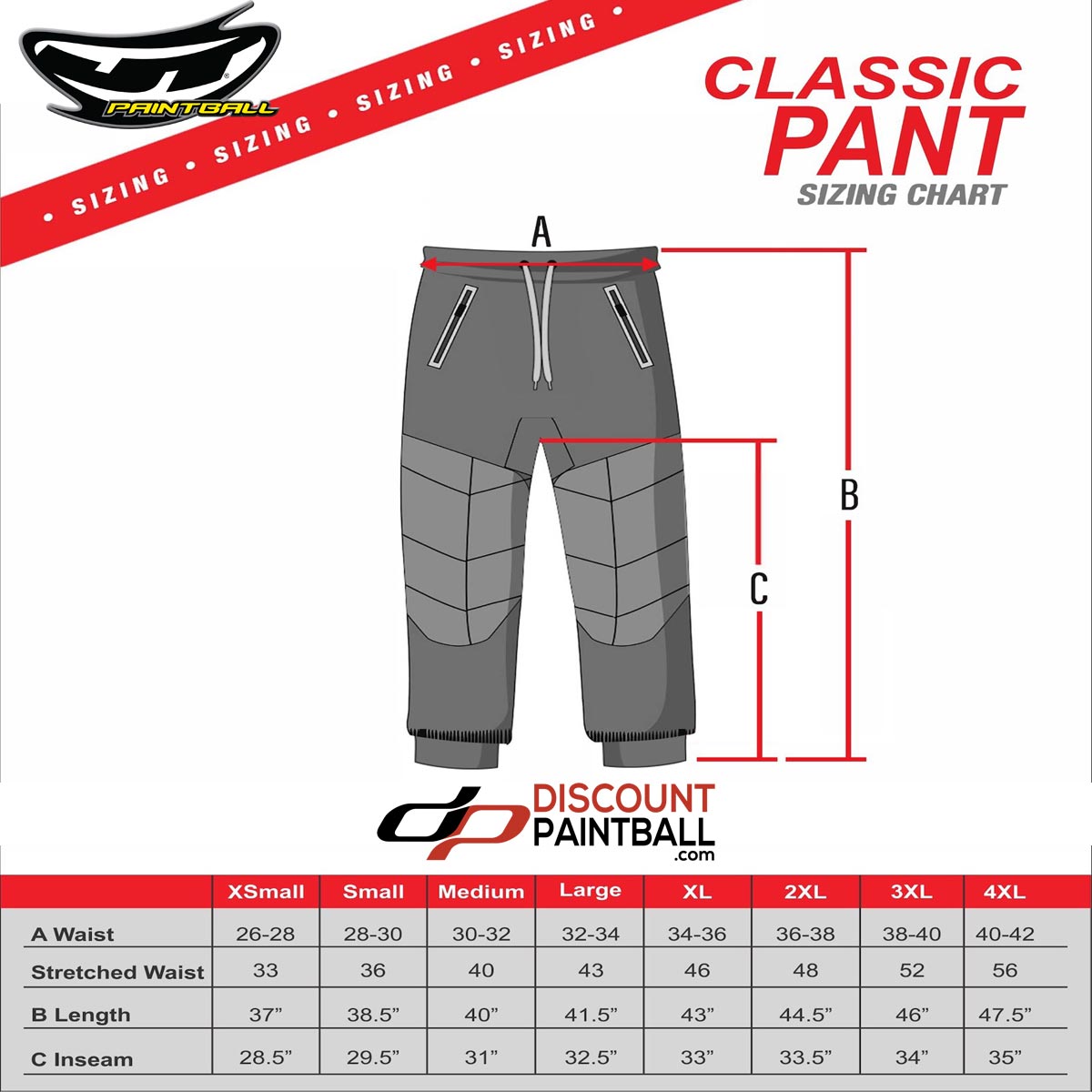 JT Paintball Classic Pants Black size chart