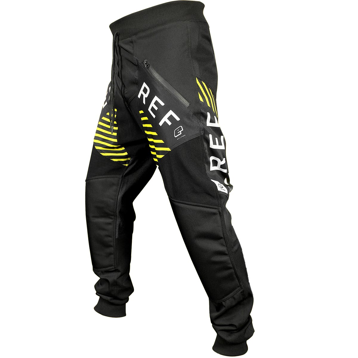 Black paintball pants with yellow and white on a white background