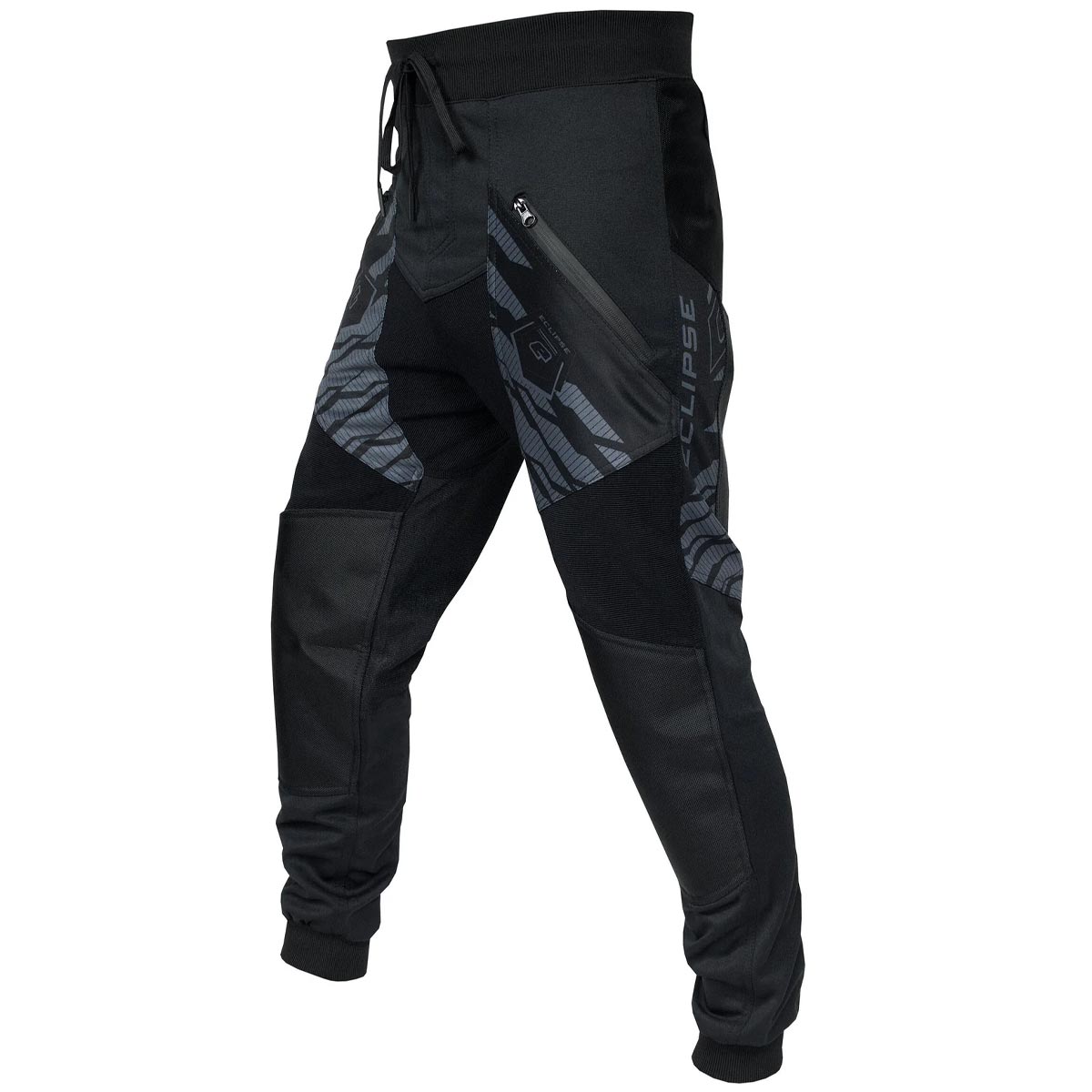 Black and gray paintball pants with a brand logo on a white background