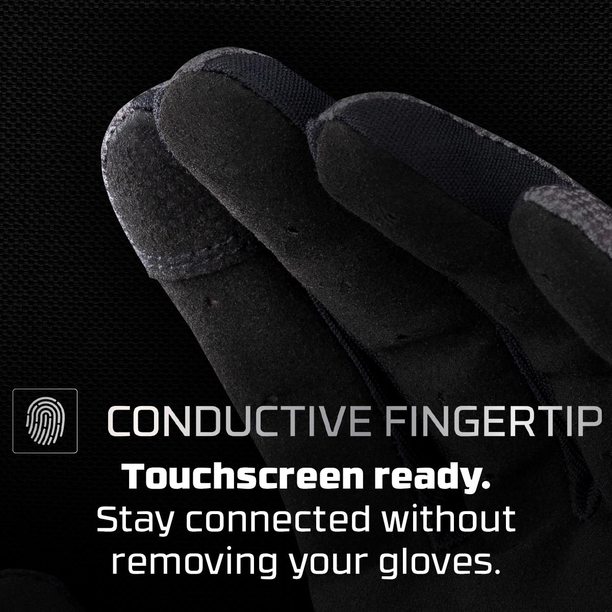 Dye FLX Glove Black Grey graphic explaining conductive fingertip