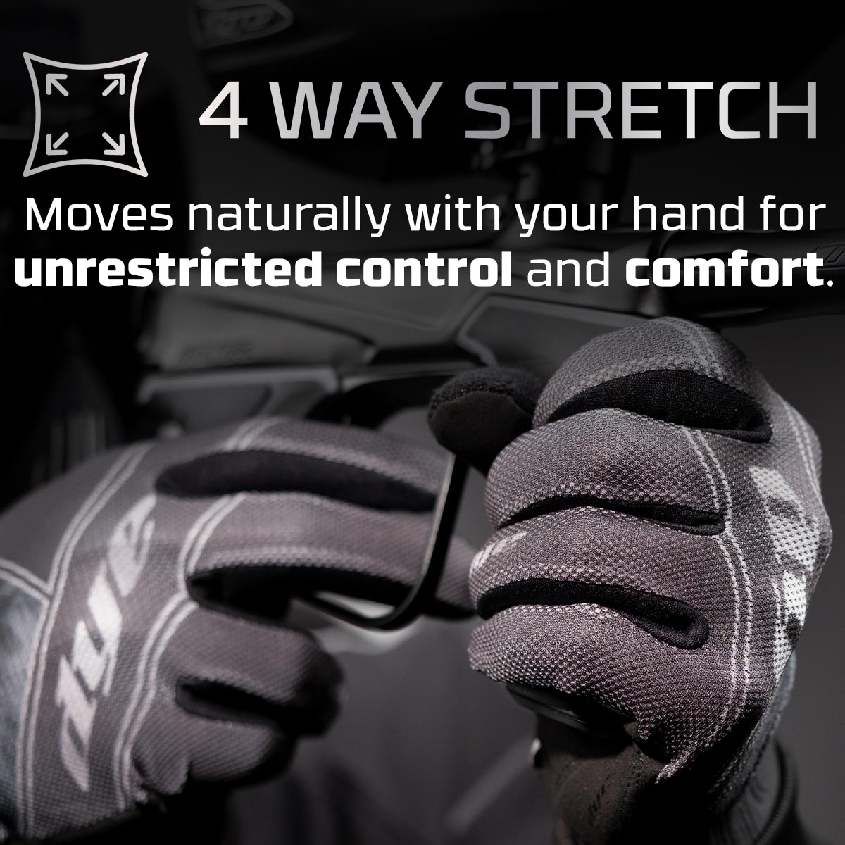 Dye FLX Glove Black Grey graphic explaining 4 way stretch
