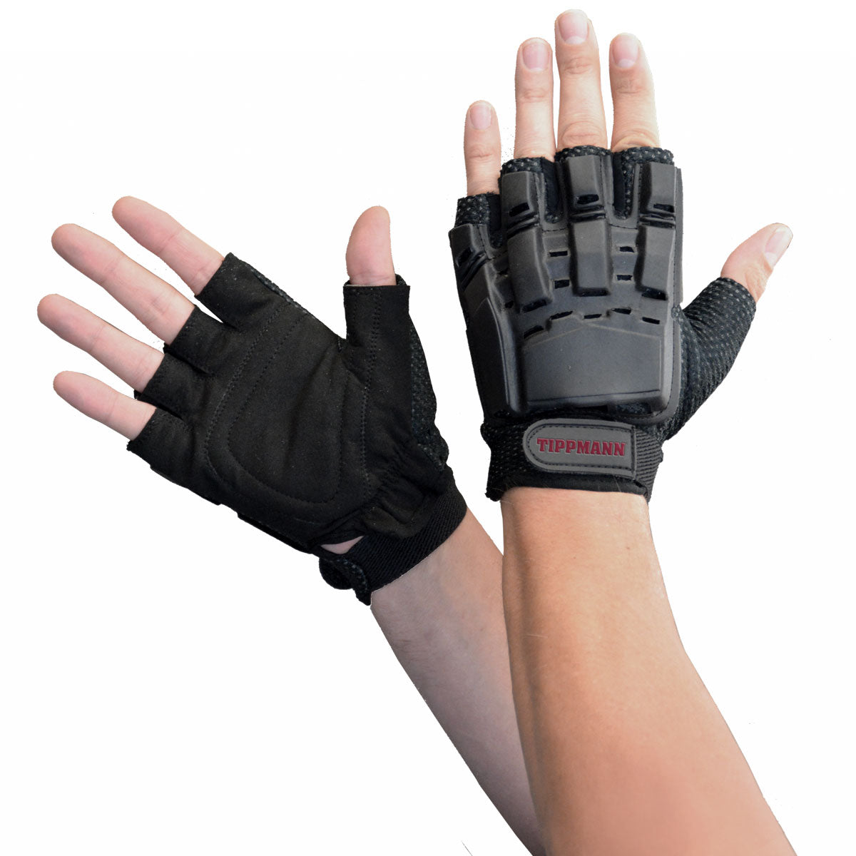 Tippmann Armored Half Finger Gloves Black on two hands
