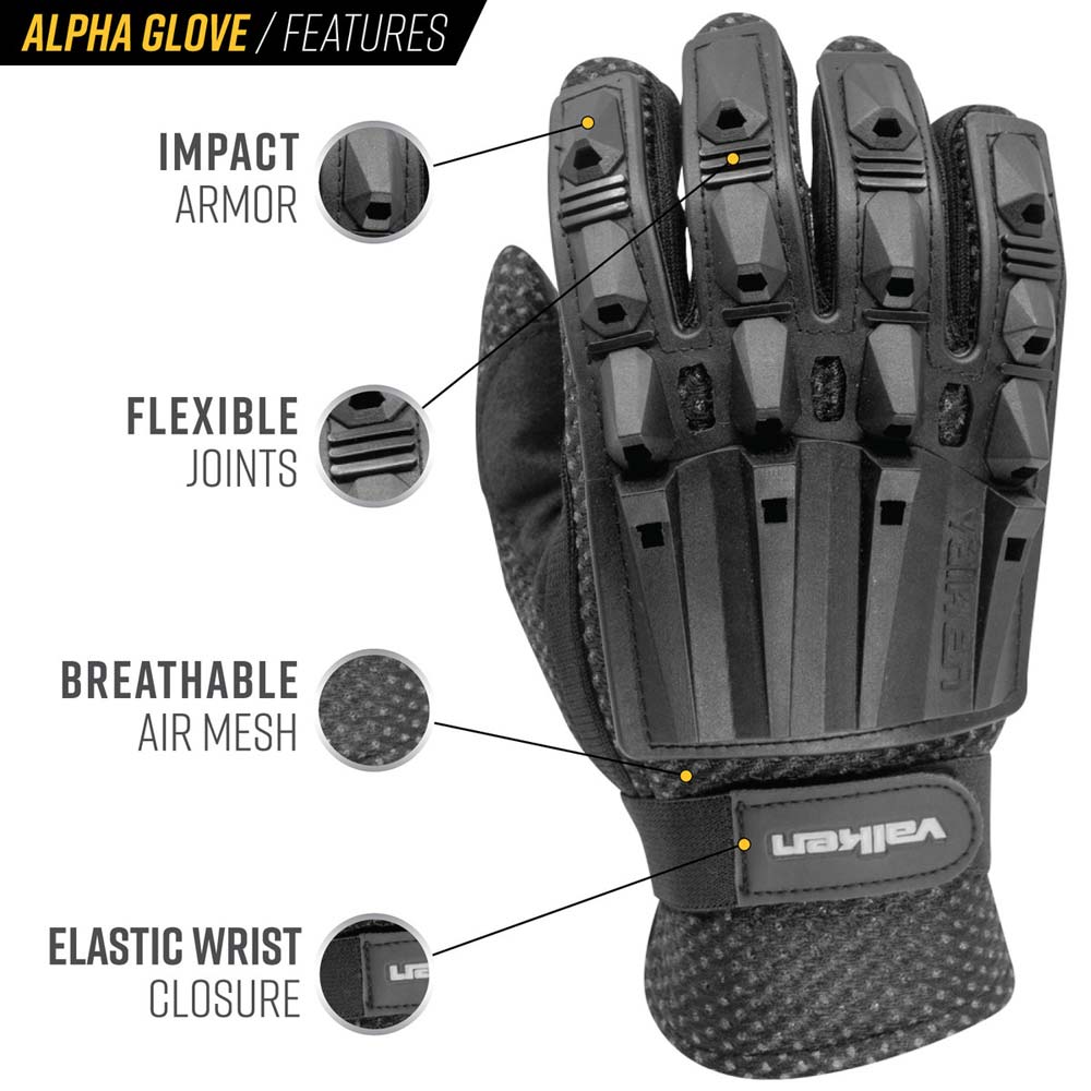 Valken Alpha Full Finger Plastic Back Gloves details chart