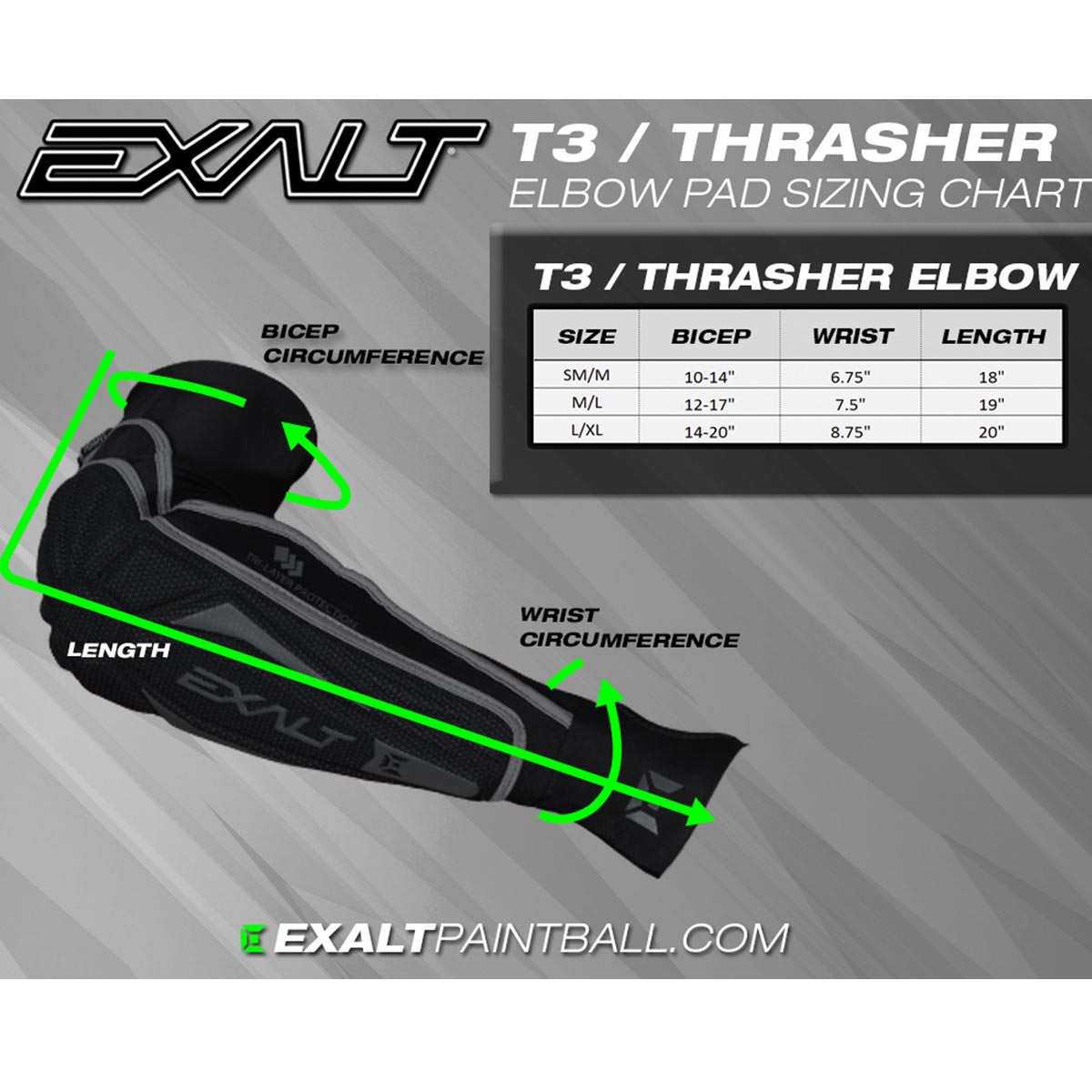 size chart from exalt for t3 elbow pads.
