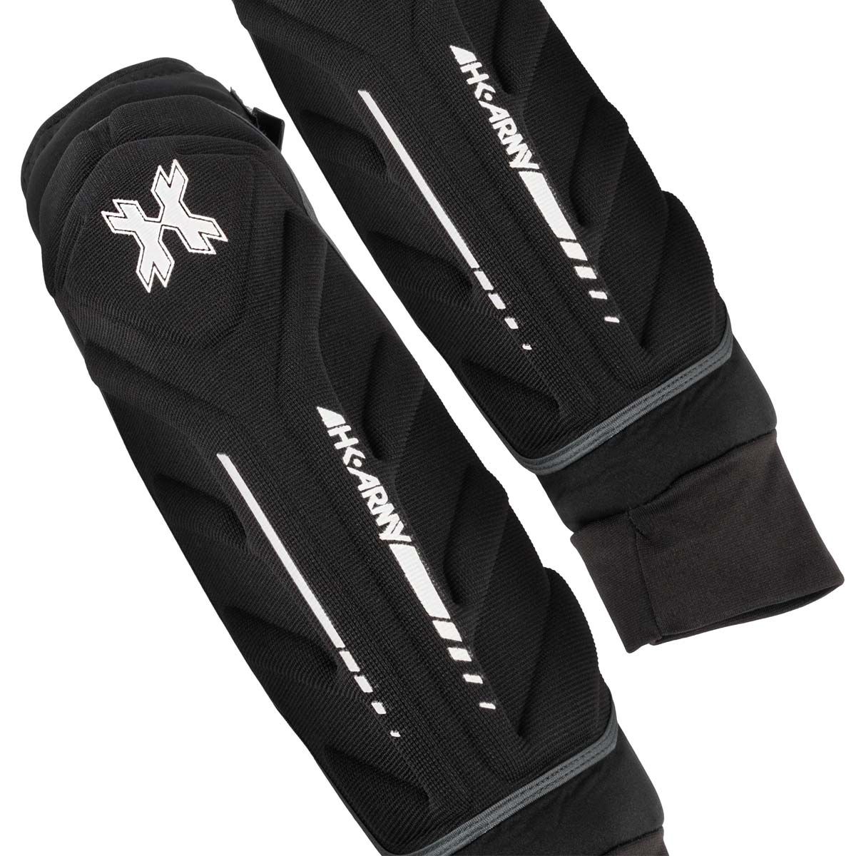 Outside of Black HK Army HSTL Elbow Pads protective arm sleeve with gray accents on a white background