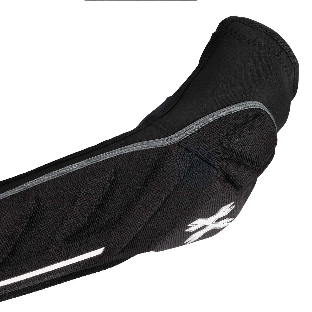Close up Black HK Army HSTL Elbow Pads protective arm sleeve with gray accents on a white background