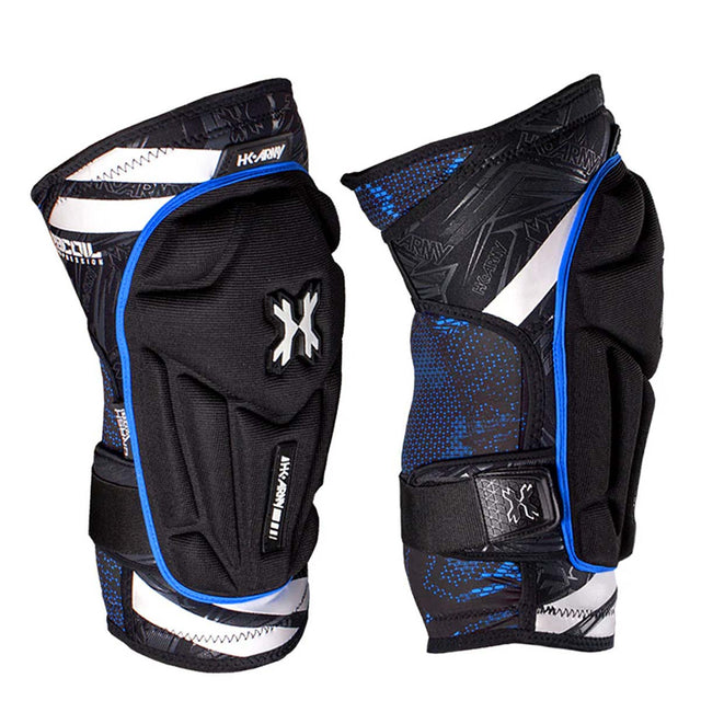 side of Pair of black and blue HK Army Crash Knee Pads on a white background