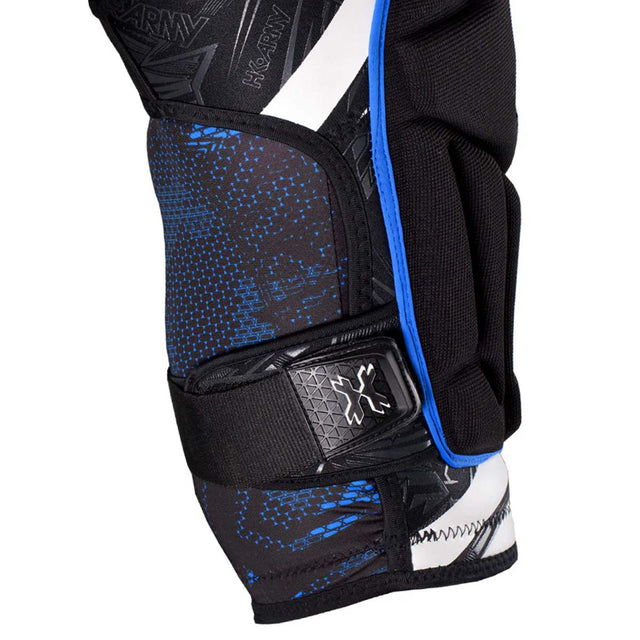 Close up black and blue HK Army Crash Knee Pad on a white background